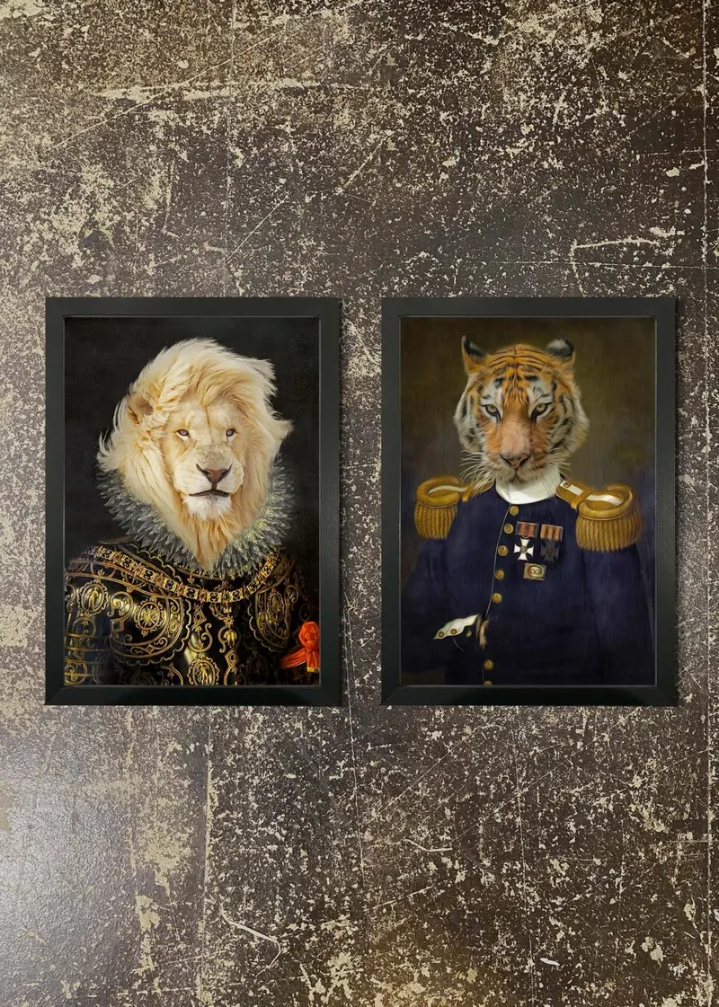 2-Print Big Cat Portrait Pair – Lion & Tiger Wall Decor 1