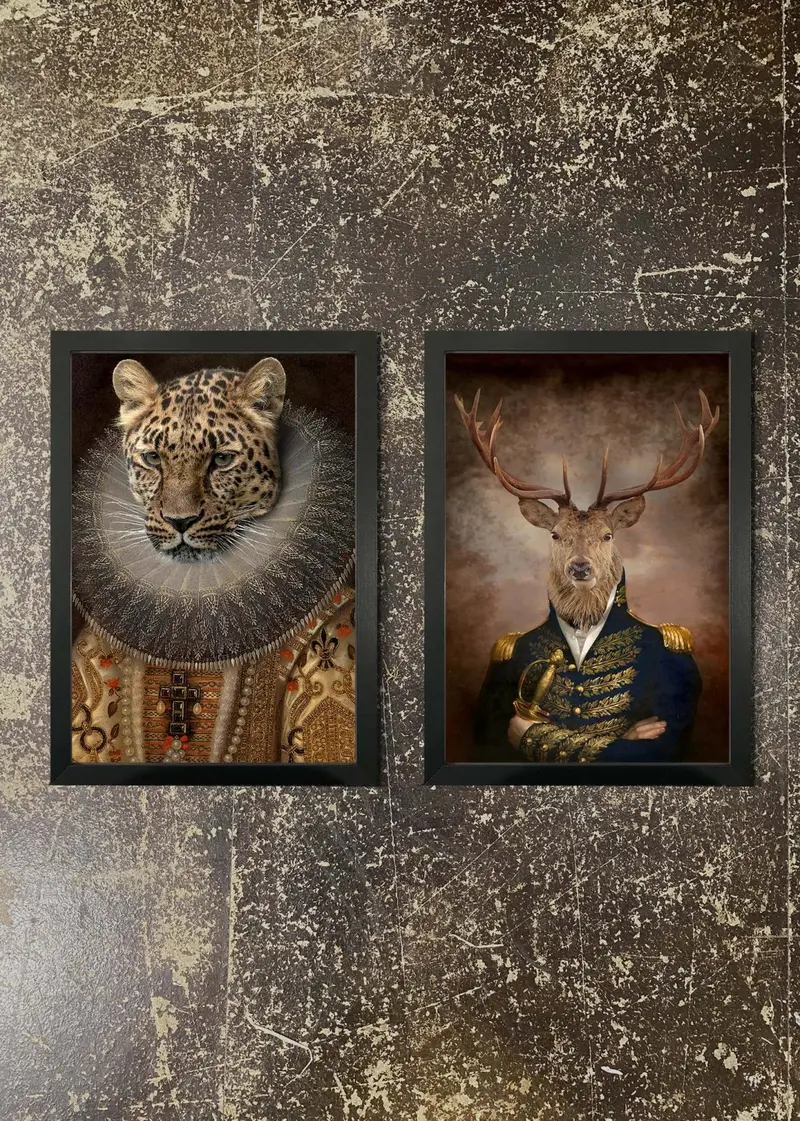 2-Print Wild & Refined Pair – Leopard & Stag Framed Portrait Set 1