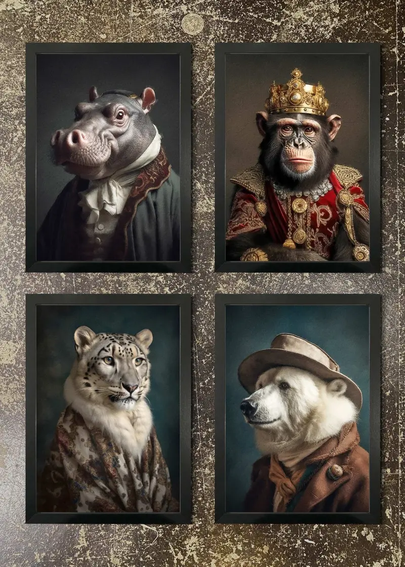 4-Print Animal Portrait Collection – Hippo, Chimpanzee, Snow Leopard & Polar Bear 1