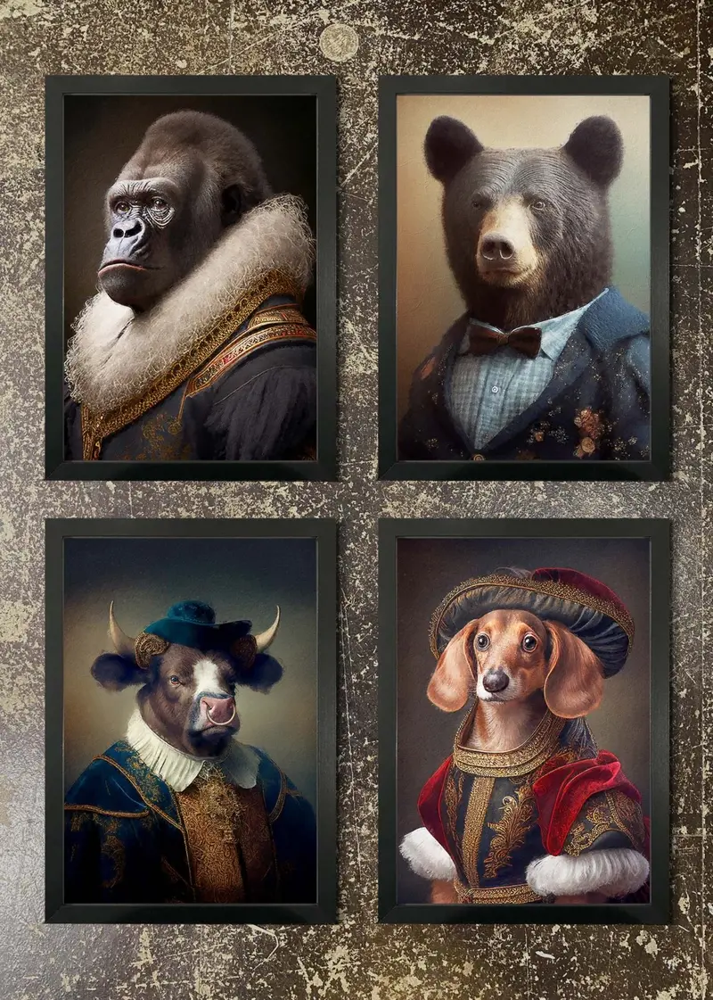 4-Print Animal Portrait Pack – Gorilla, Black Bear, Bull & Dachshund 1