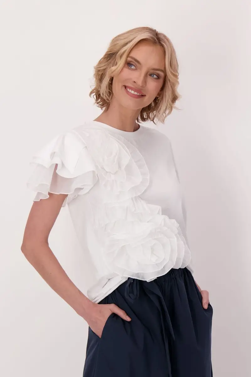 Asymmetrical Chiffon-Overlay Cotton T-Shirt 1