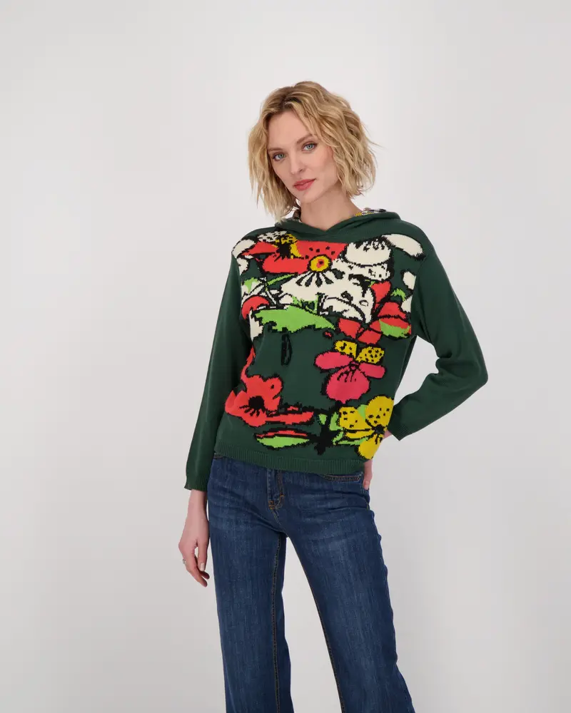 Bloom-Print Hooded Fleece-Lined Sweater 1