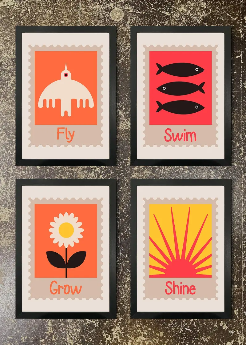 Four Vintage-Inspired Stamp Icon Art Prints With Frames 1